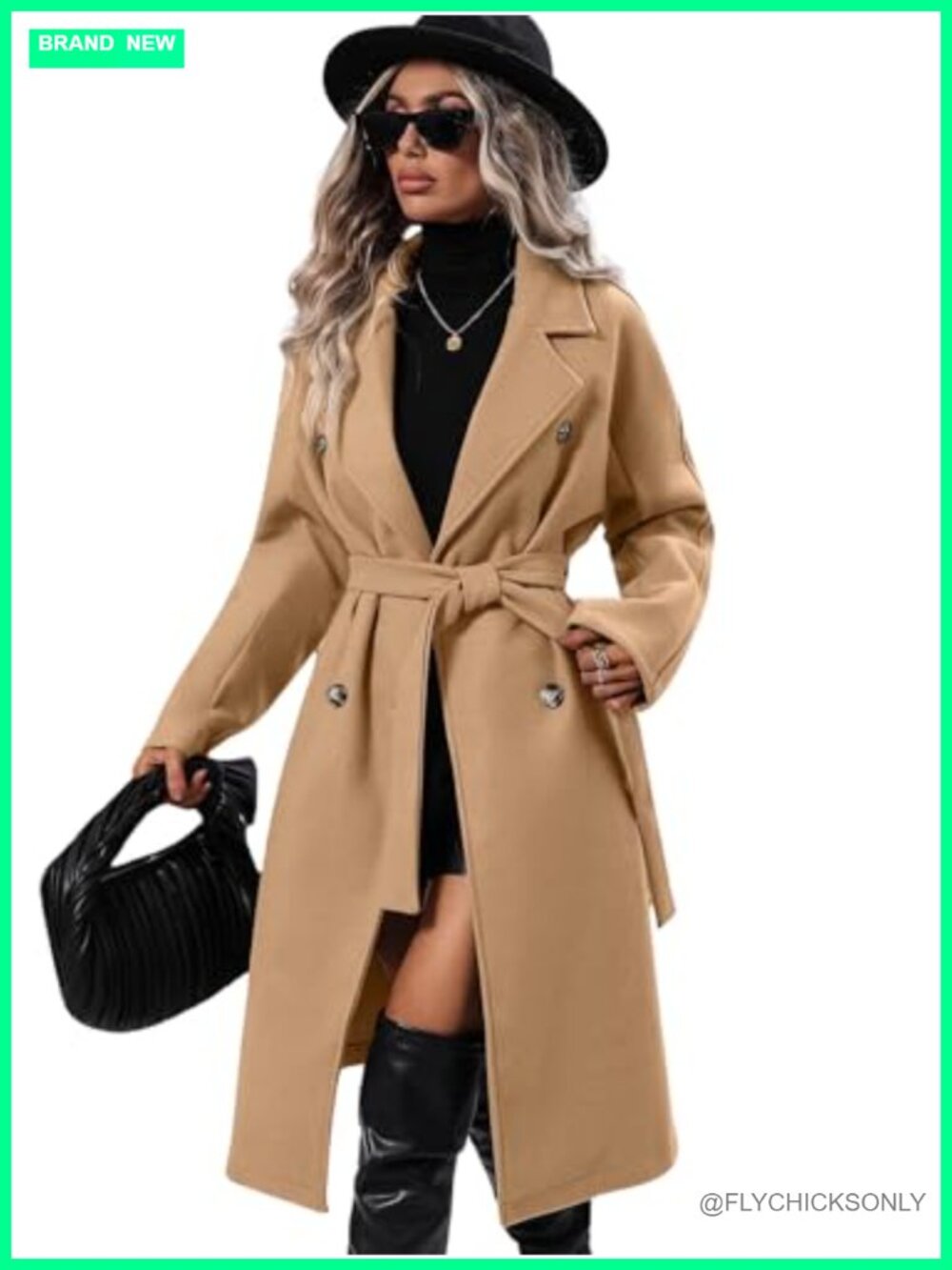 Long Wool Blend Pea Coat Notched Lapel Double Breasted Belted Winter Trench